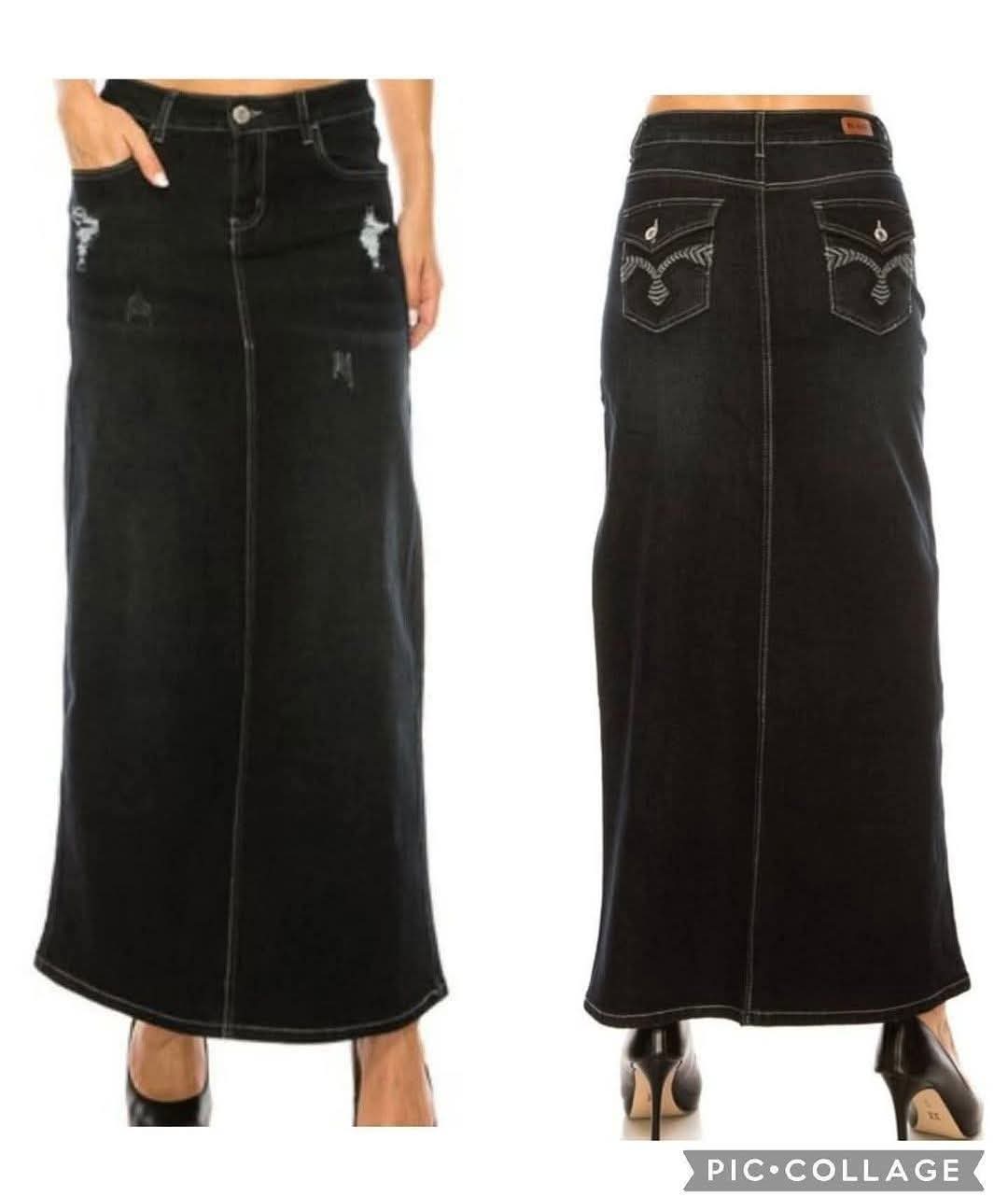 Be-Girl Distressed Denim Maxi Skirt with Embroidered Back Pockets