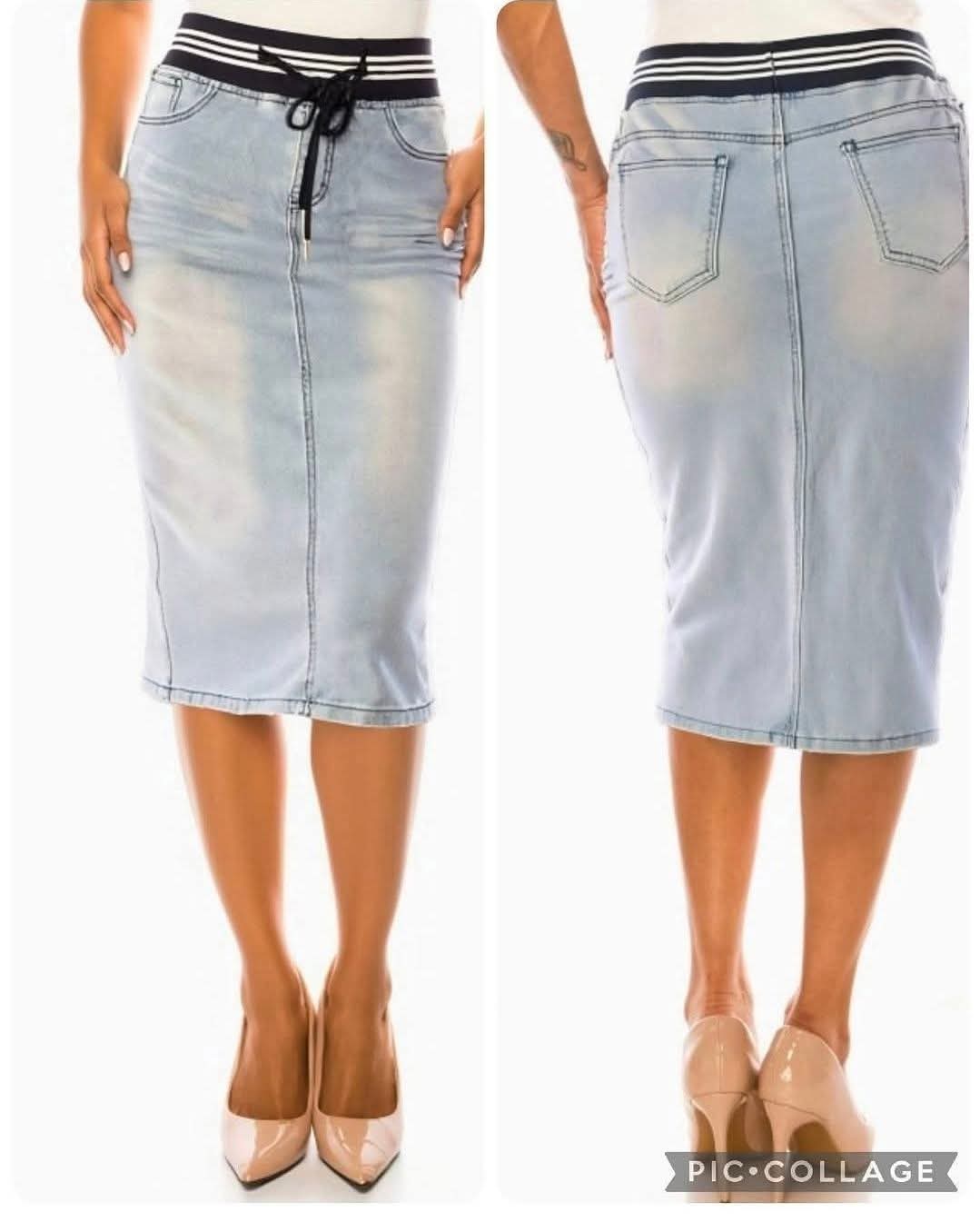 Be-Girl Style 79652 Stretch Denim Midi Skirt – No-Slit Athletic Waistband in Light Indigo
