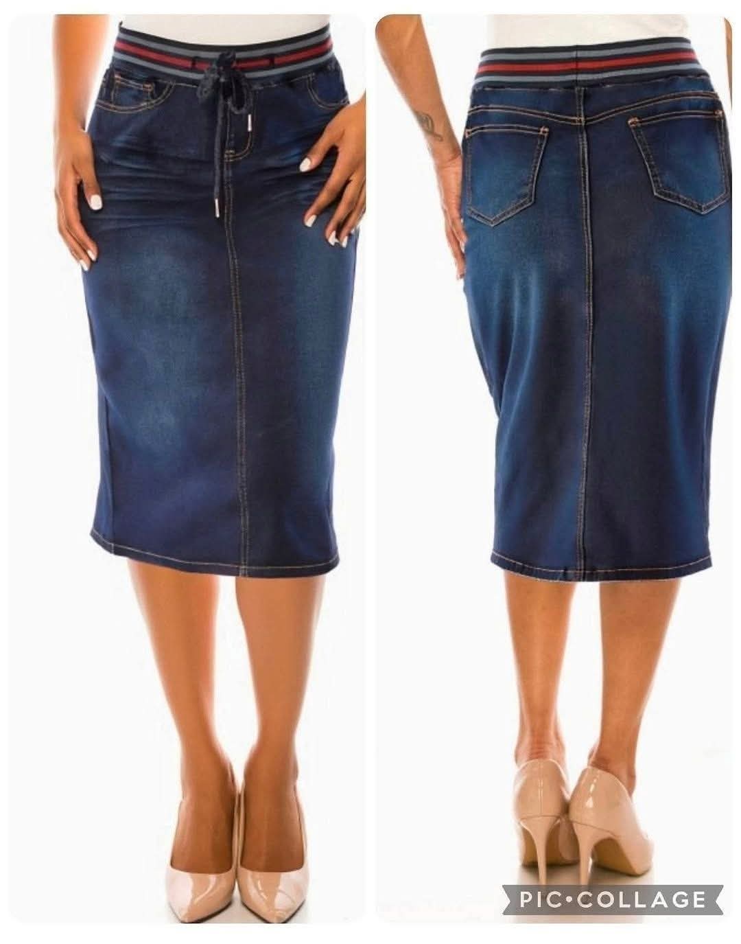 Be-Girl Sporty Drawstring Stretch Denim Midi Skirt (No Slit, 27")