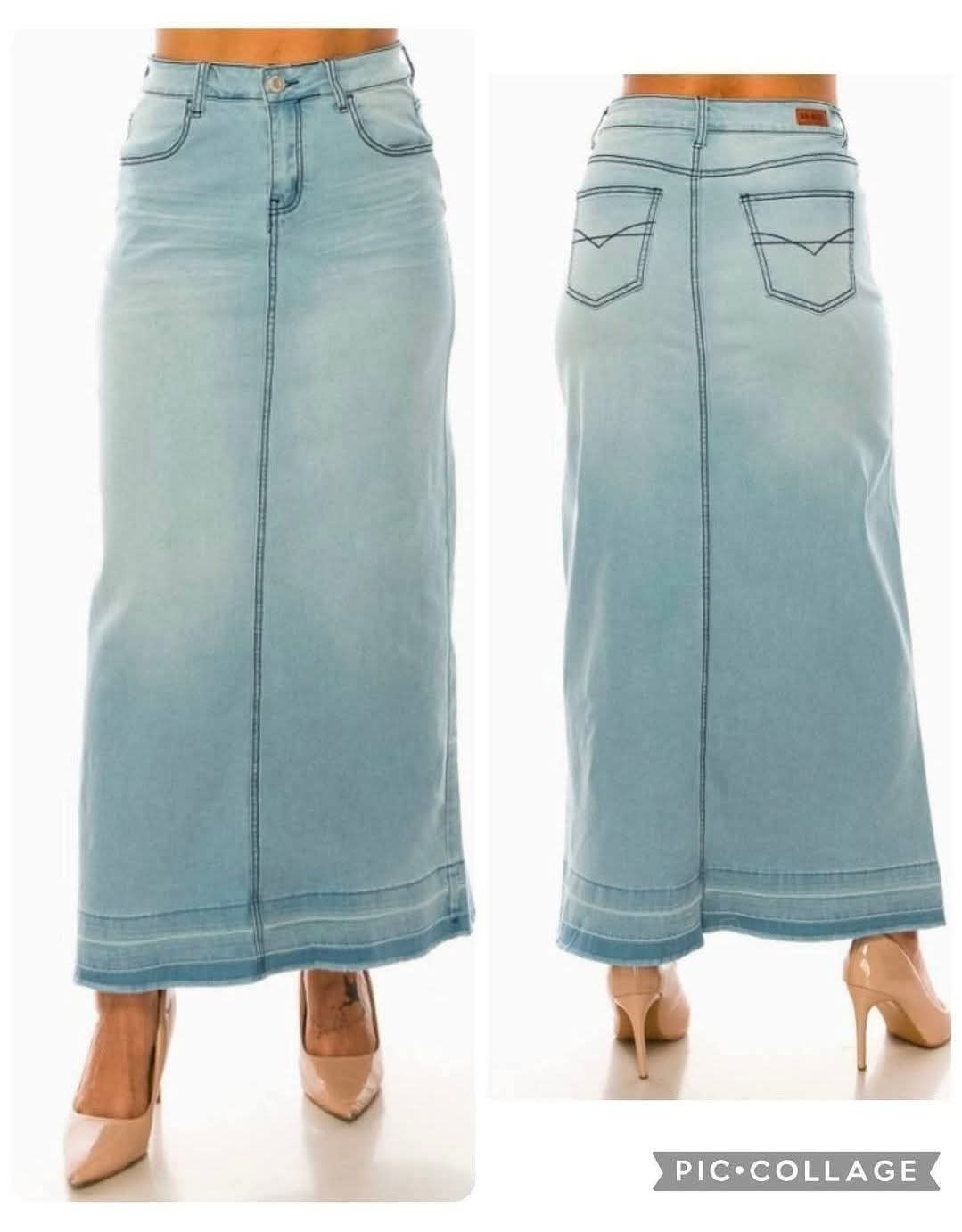Be-Girl Women's No-Slit Stretch Denim Maxi Skirt – Light Wash, 38" Length (Style 86319)