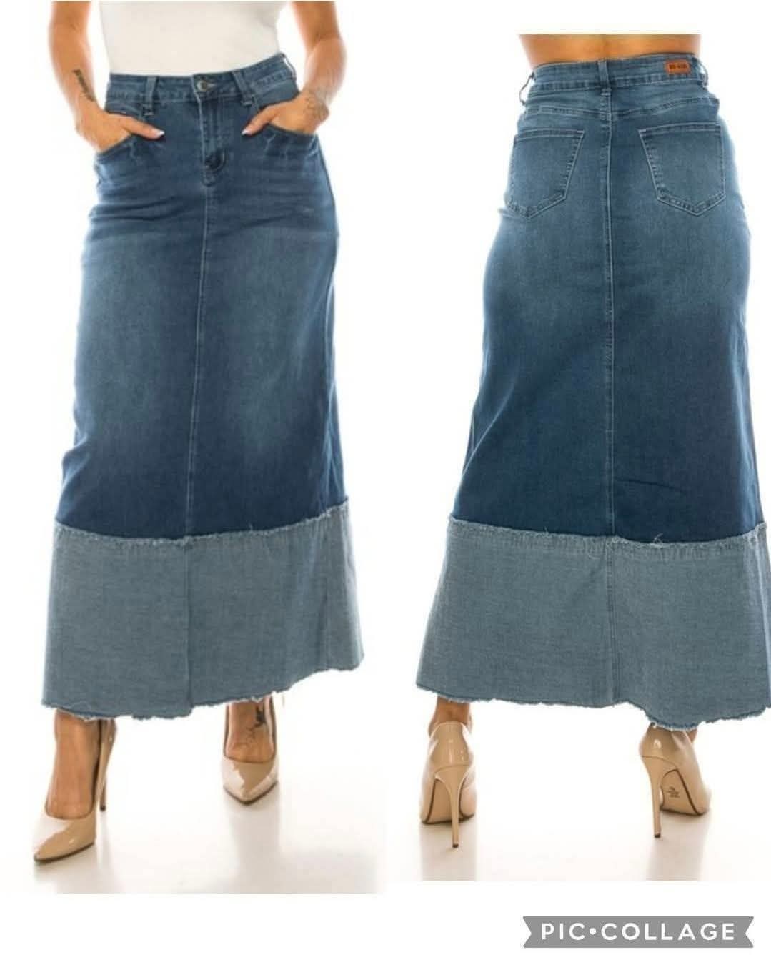 Be-Girl Style 89335 Two-Tone Raw Edge Maxi Denim Skirt