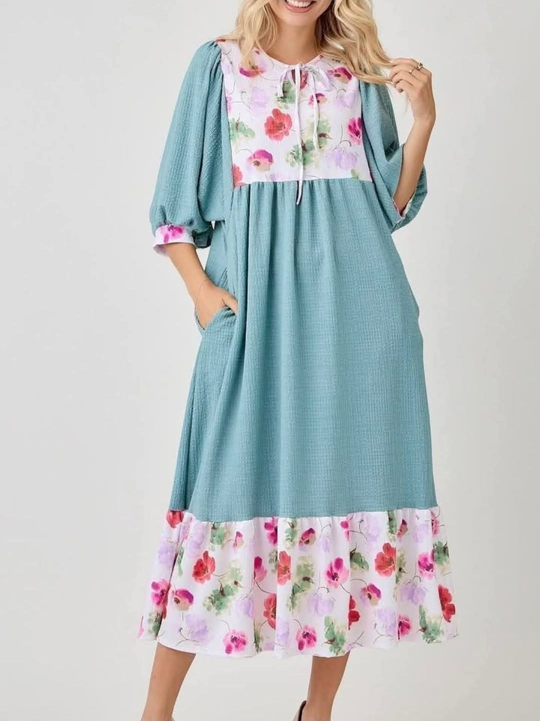Meadow Breeze Floral Accent Midi Dress