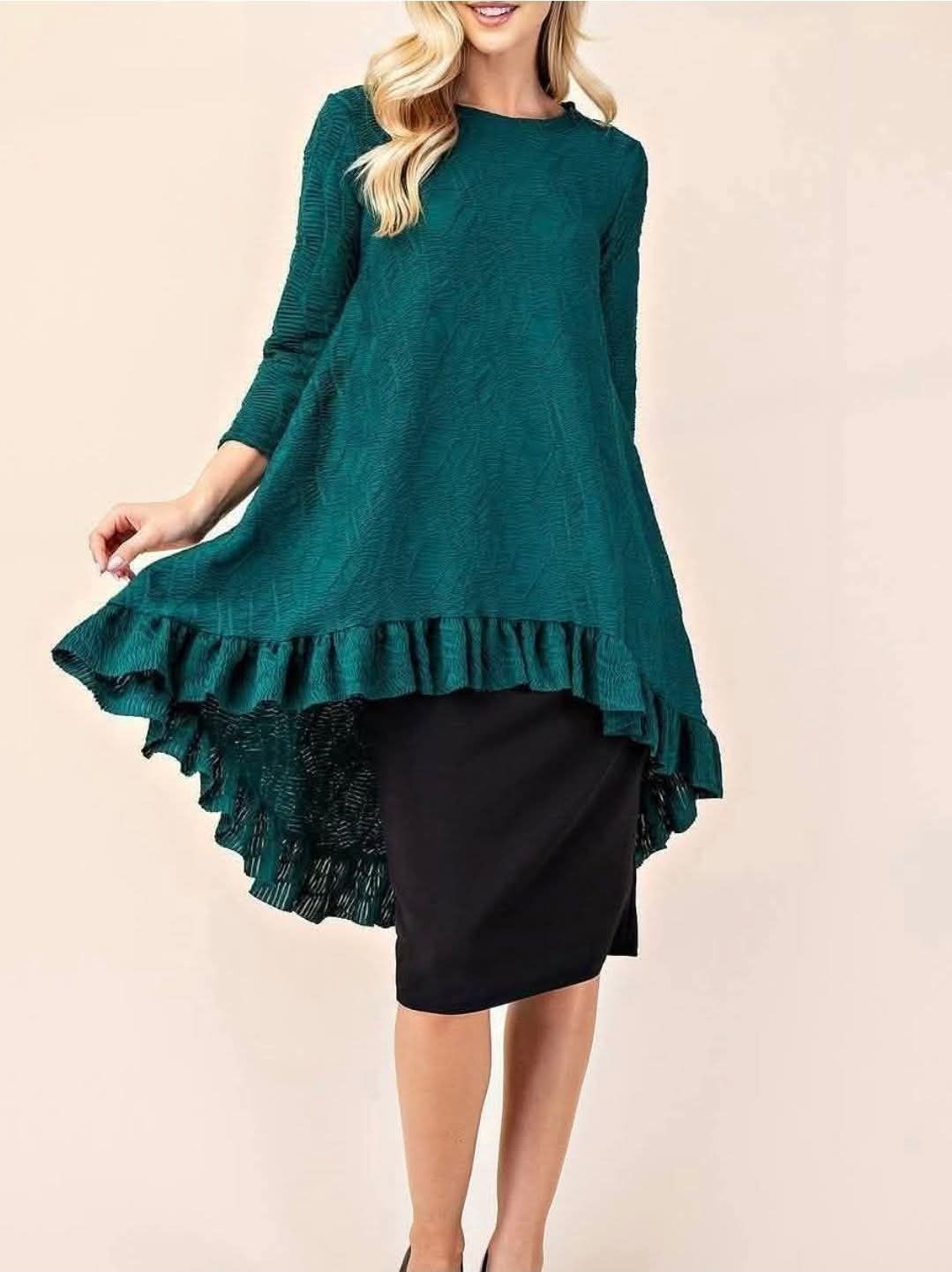 Emerald Elegance High-Low Ruffle Tunic