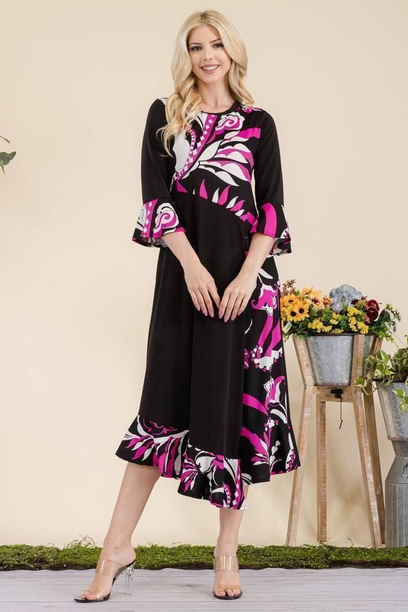 ✨️SALE✨️Magenta Mosaic Ruffle Hem Midi