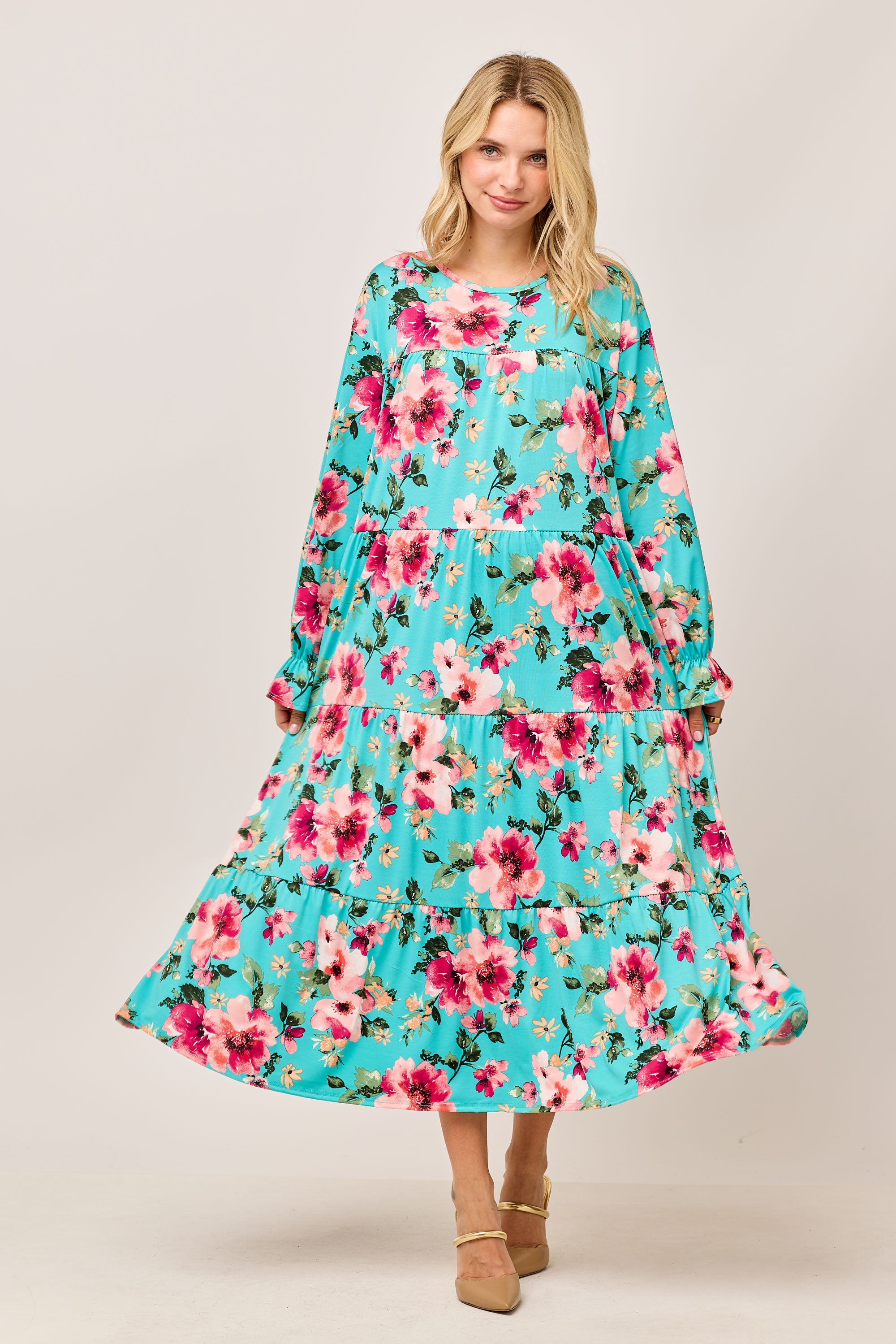 Turquoise Floral Tiered Long-Sleeve Dress