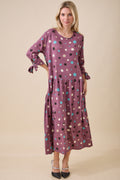 Mauve Polka Dot Tie-Sleeve Midi Dress