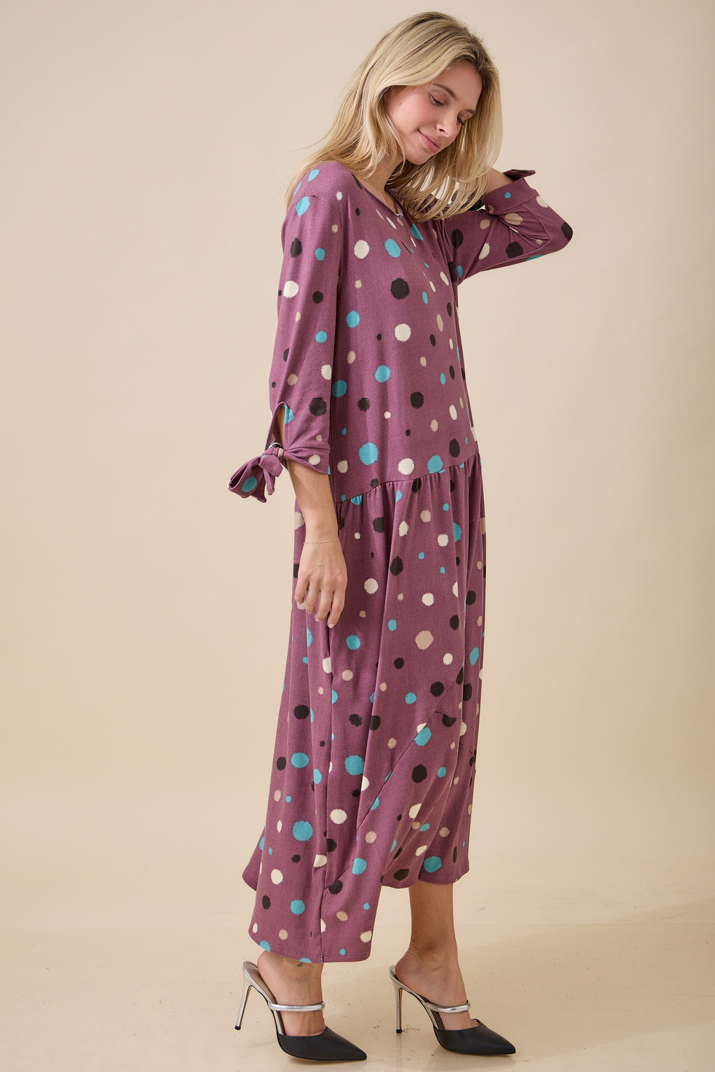 Mauve Polka Dot Tie-Sleeve Midi Dress