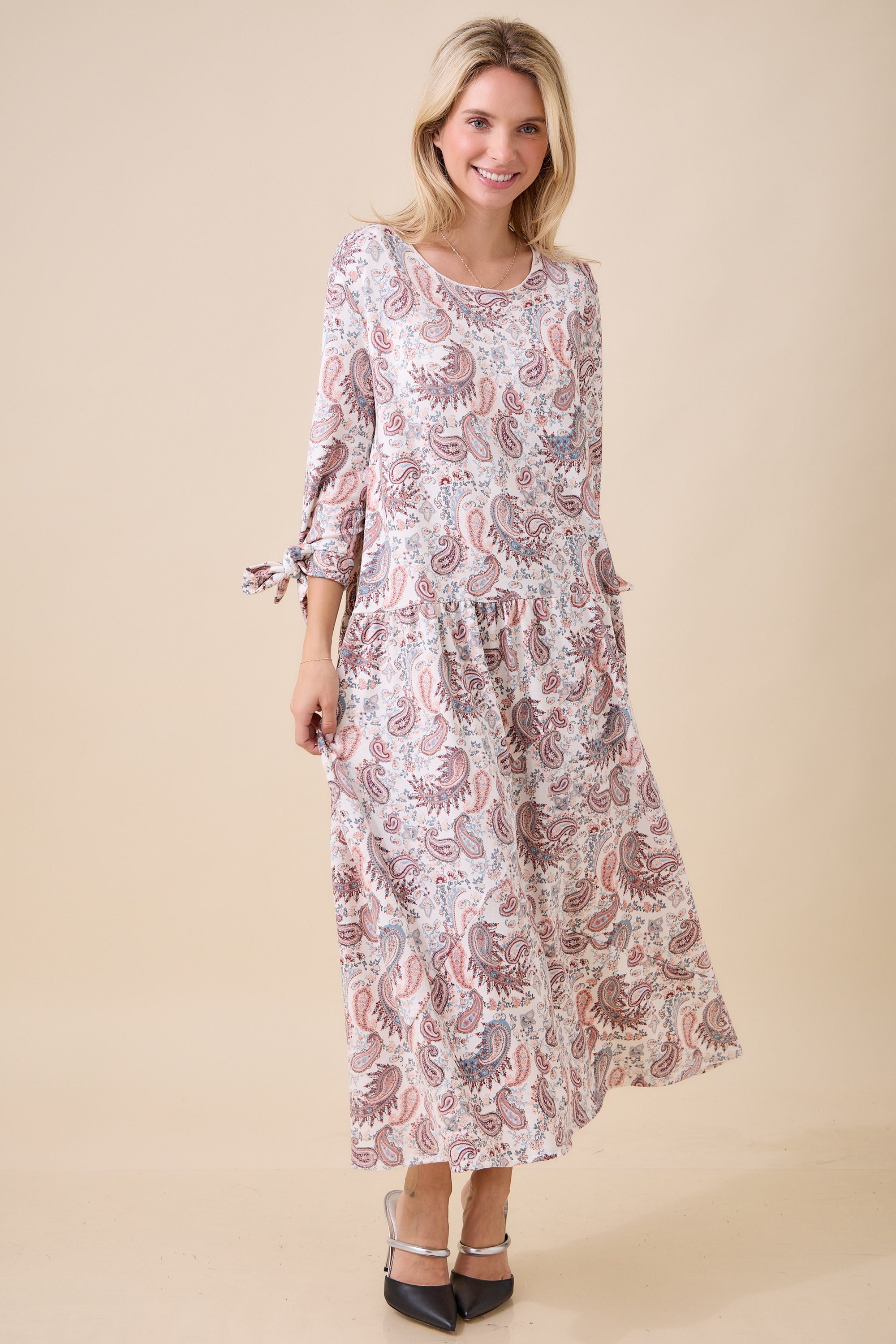Cream Paisley Tie-Sleeve Midi Dress