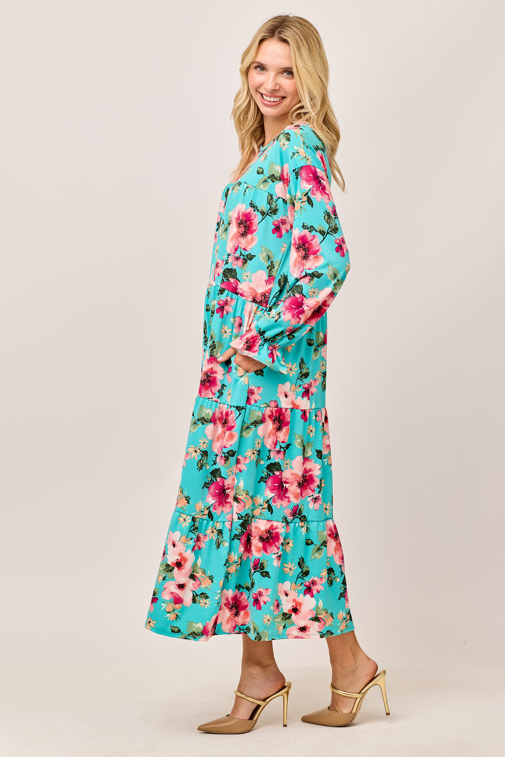 Turquoise Floral Tiered Long-Sleeve Dress