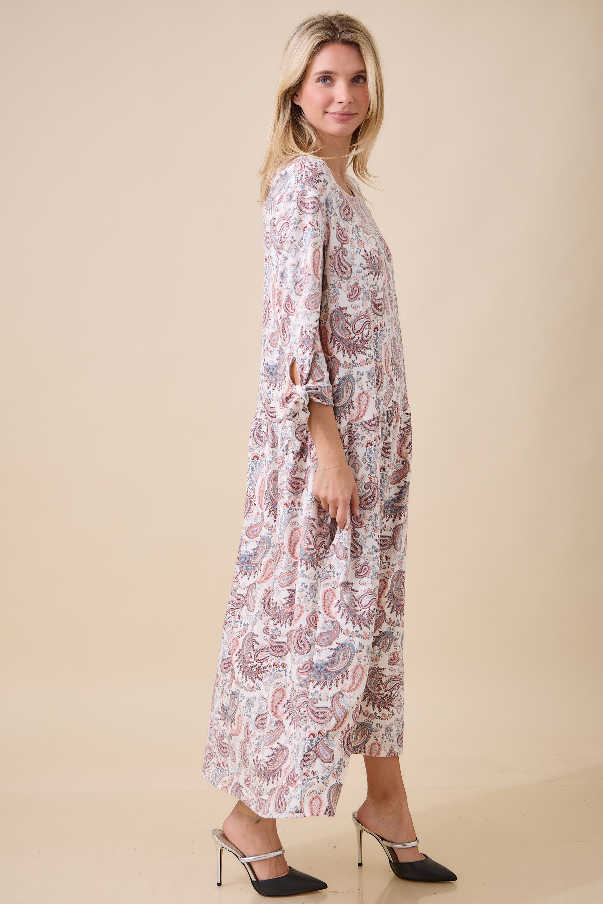 Cream Paisley Tie-Sleeve Midi Dress
