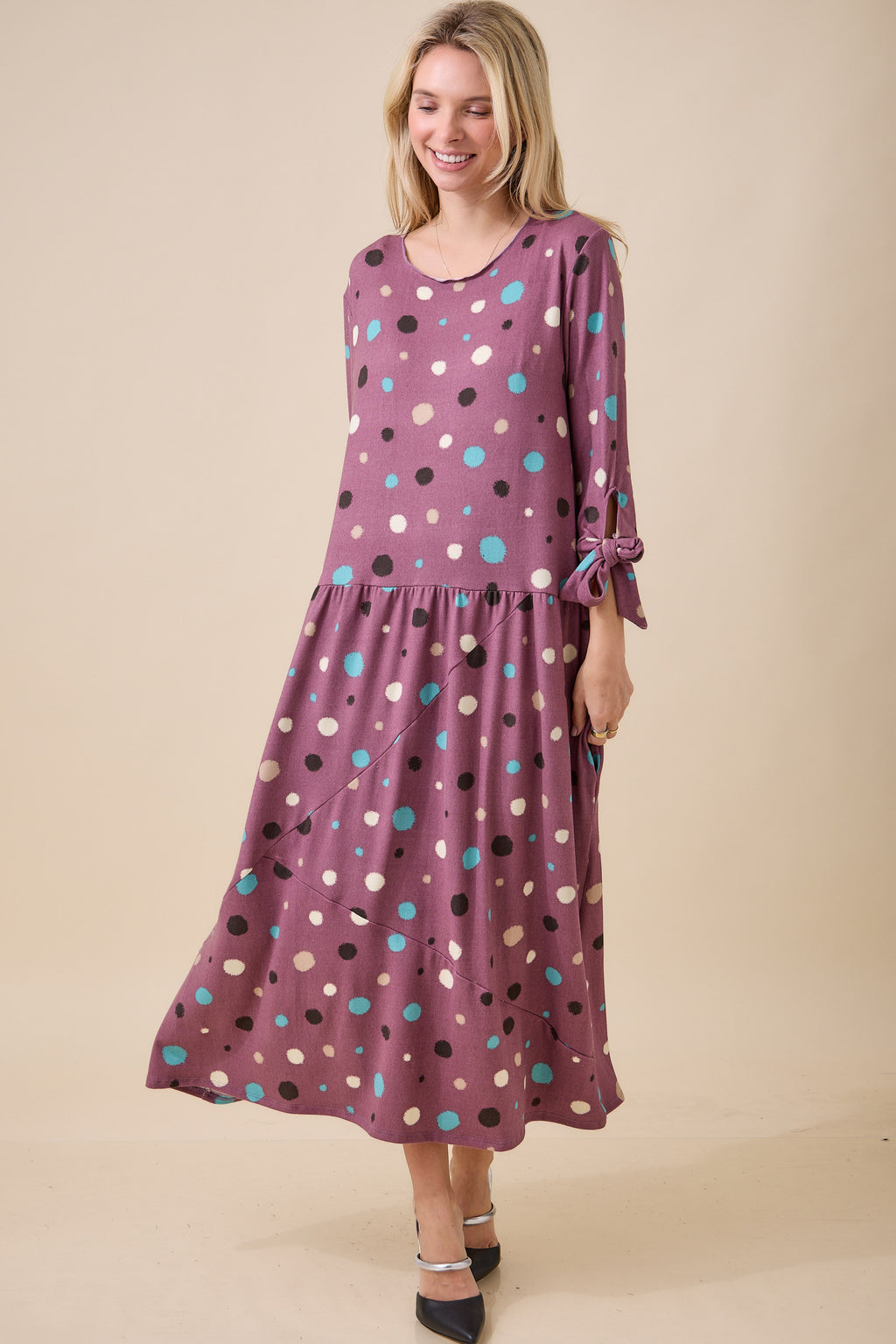 Mauve Polka Dot Tie-Sleeve Midi Dress