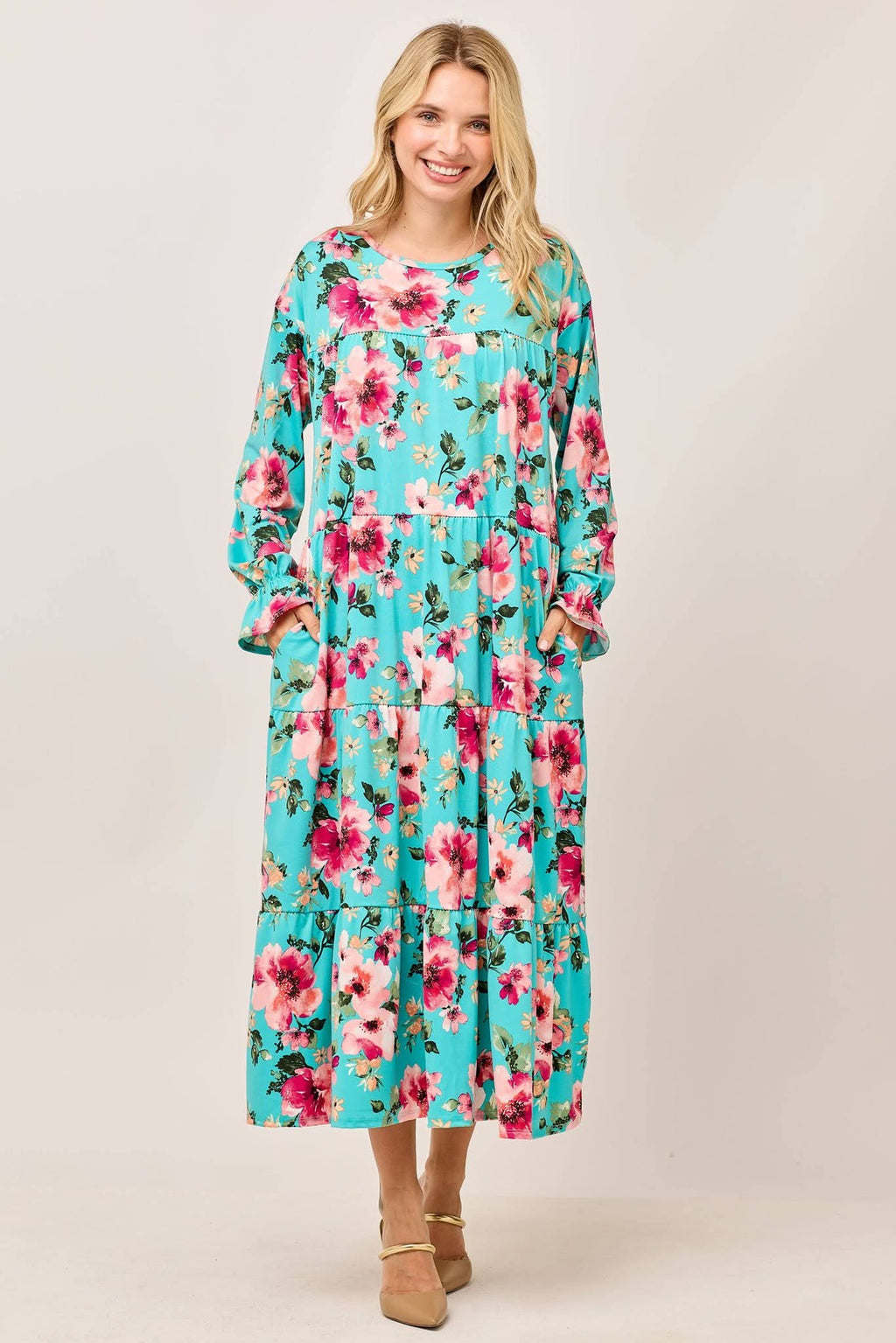 Turquoise Floral Tiered Long-Sleeve Dress