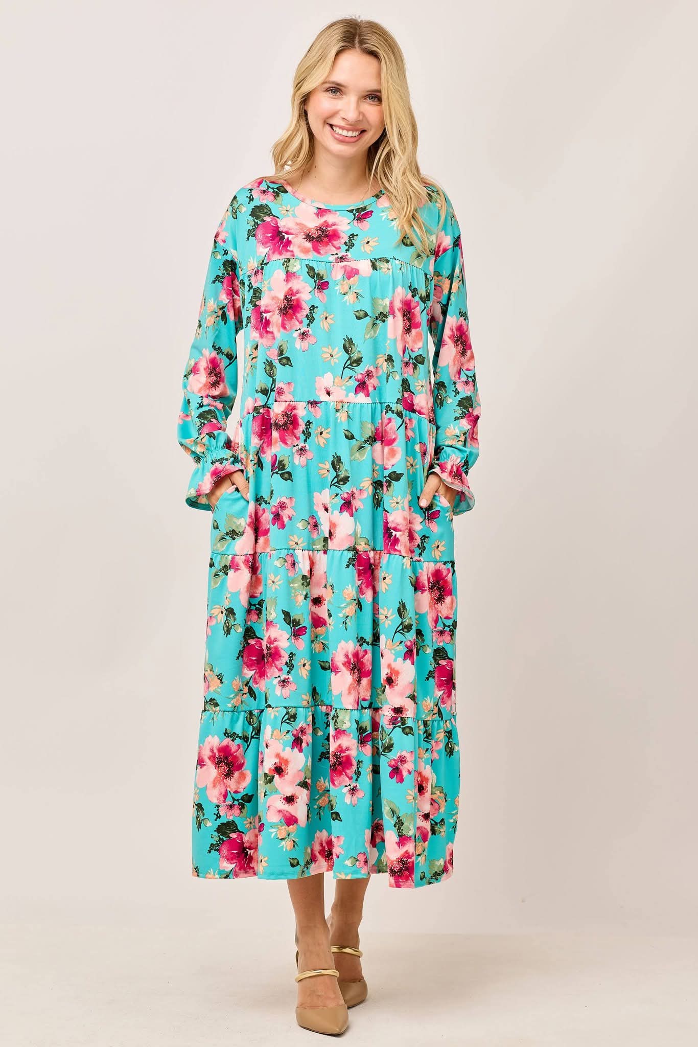 Turquoise Floral Tiered Long-Sleeve Dress